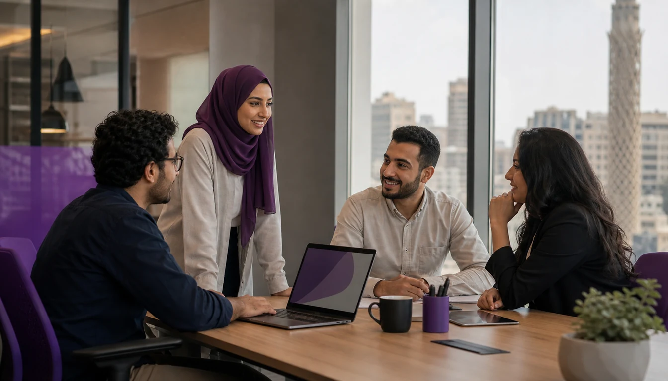 Egyptian professionals welcoming a new teammate at a collaborative office session
