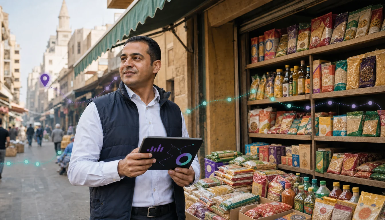 Egyptian field-sales representative using 1Channel beside a baqala in Cairo