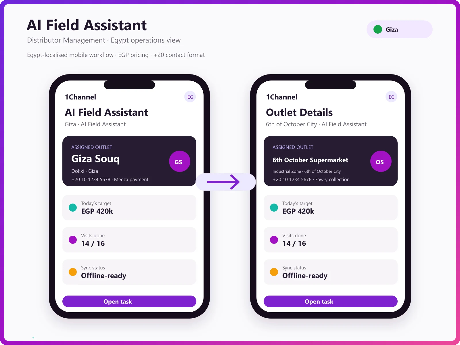 AI-powered DMS mobile app showing conversational AI assistant, order queries, and intelligent automation