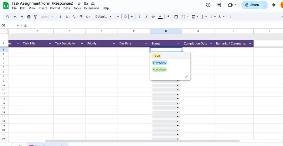 Applying conditional formatting to task status column in Google Sheets