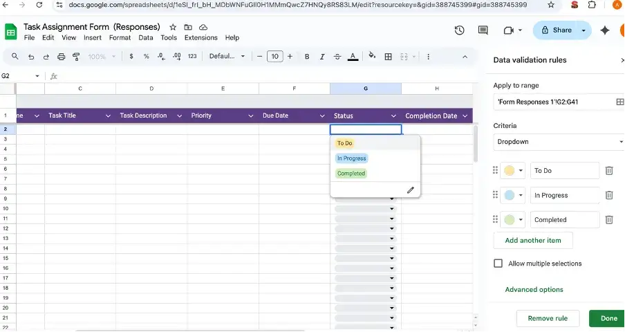 Creating dropdown list in Google Sheets for task status tracking