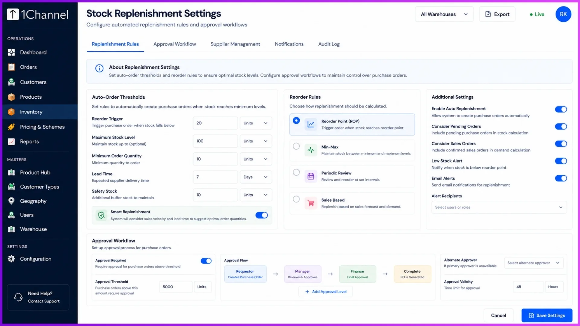 Stock replenishment settings screen showing auto-order thresholds and approval workflow options.