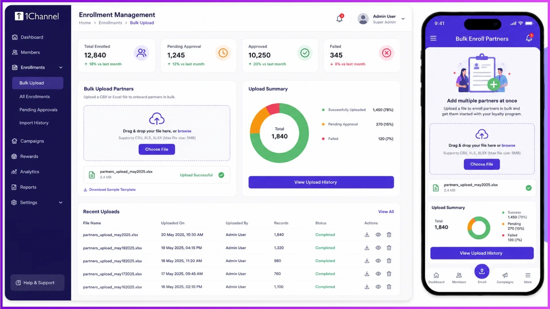 Bulk partner onboarding and enrolment management dashboard