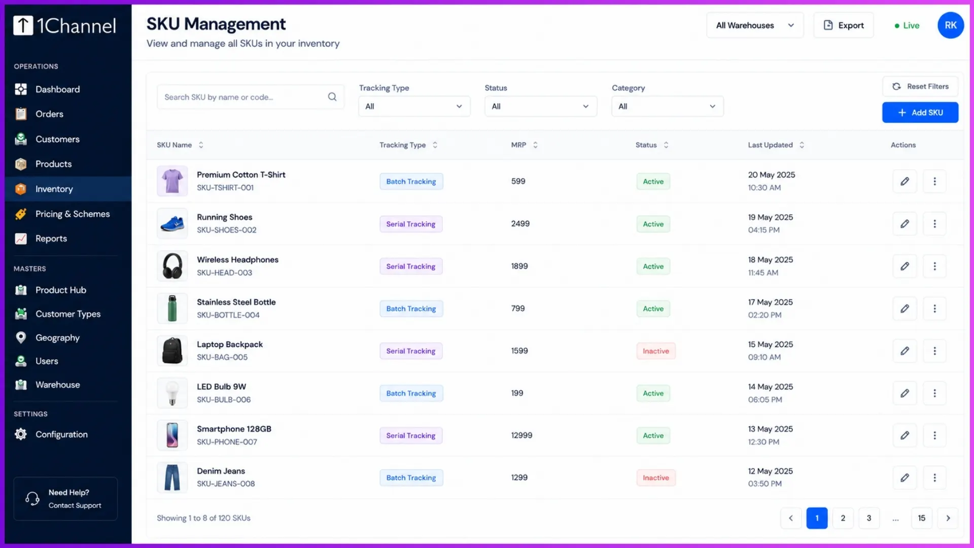 SKU management table displaying SKU Names, tracking types, MRP, and status filters.