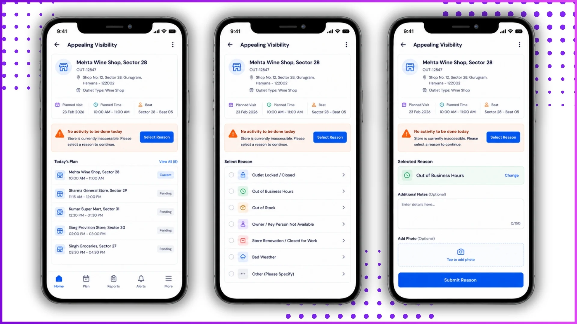 Mobile retail app UI screen showing an option to select a reason for an unaccomplished field activity due to an inaccessible store.