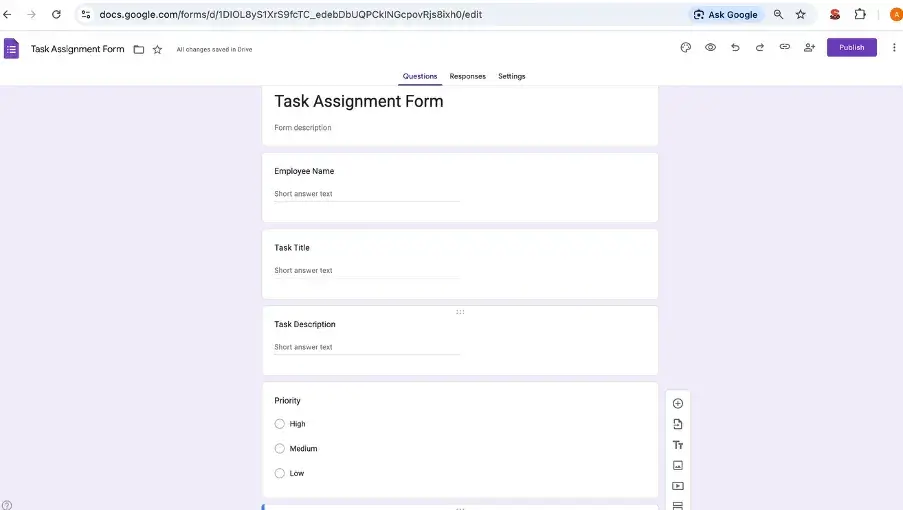 Creating a new Google Form for assigning tasks in a free project management system