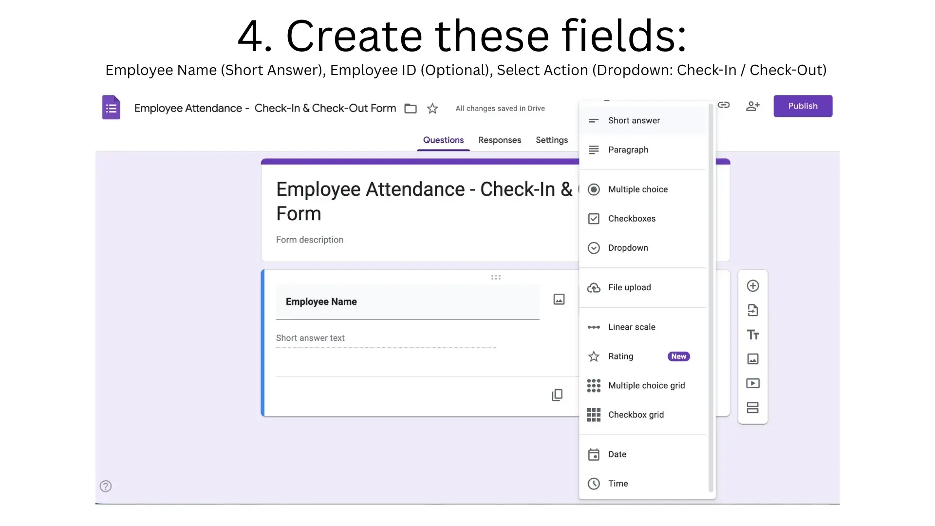 Create these fields – employee name