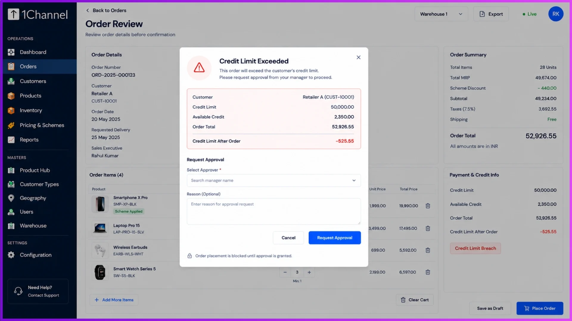 System notification blocking an order due to a credit limit breach and requesting a managerial approval override.