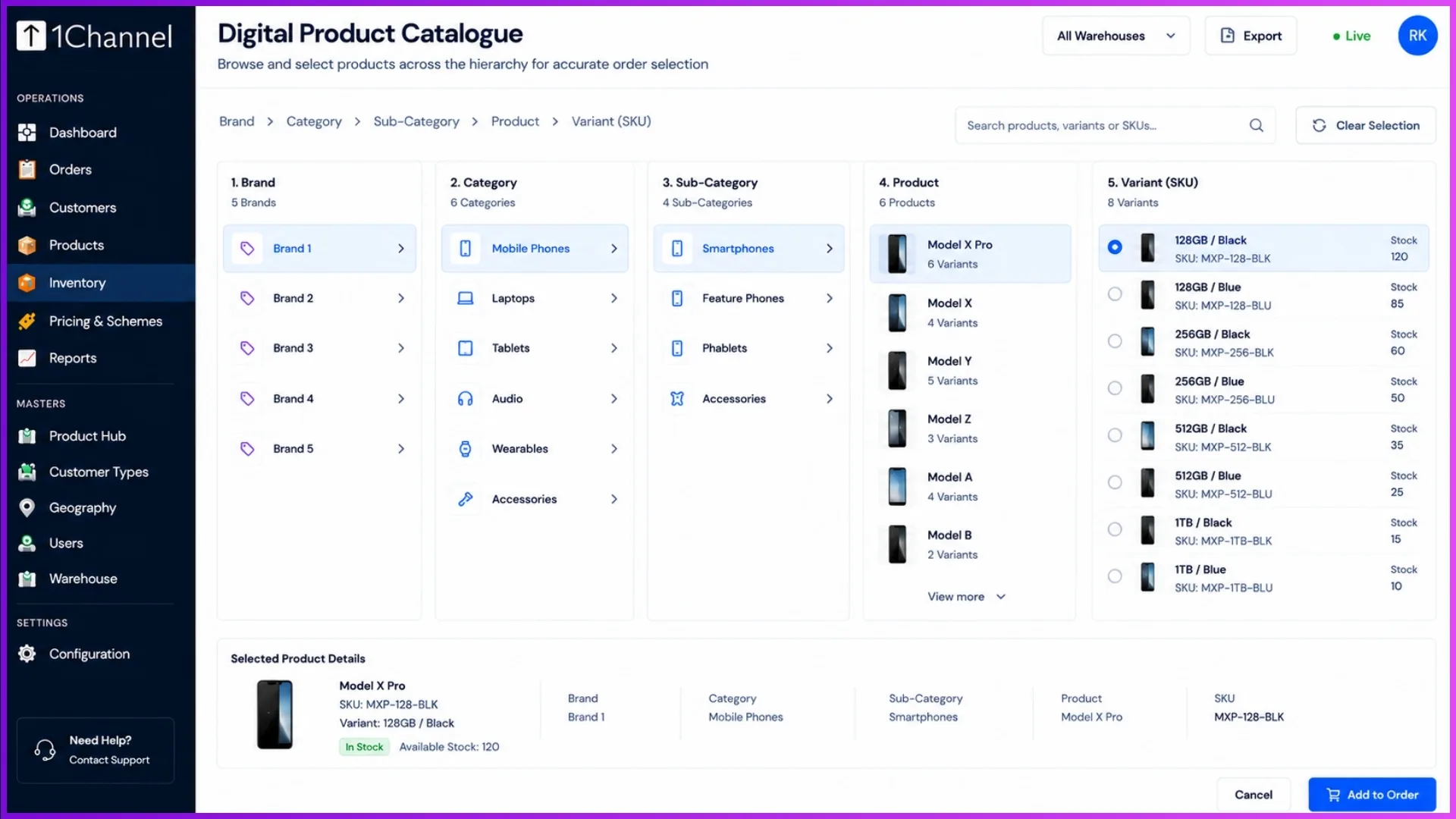 Screen interface showing a structured product hierarchy from Brand to specific SKU variants for accurate order selection.