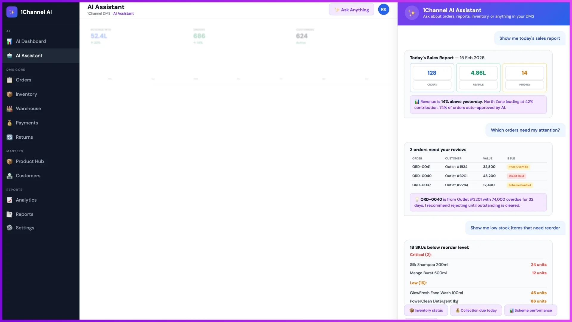 AI assistant integrated with distributor management software helping users access reports, orders, and operational insights through chat.