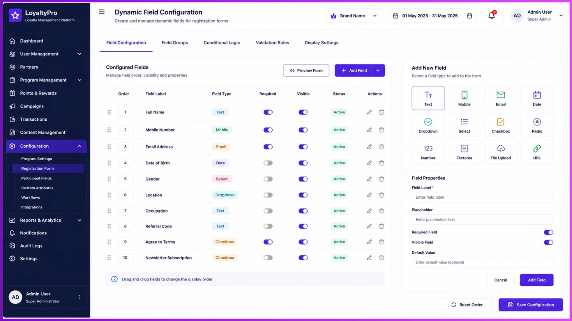 Dynamic field builder showing configurable field types and display order in Loyalty Engine