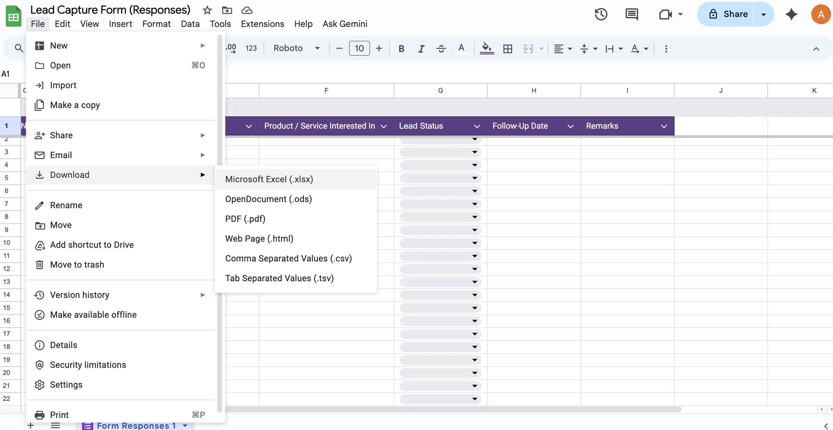Downloading Google Sheets backup for lead management data