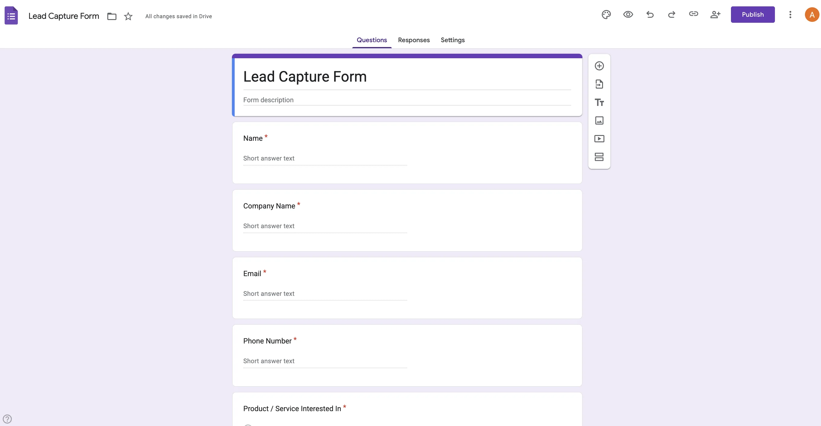 Creating a new Google Form for free lead management using Google Forms interface