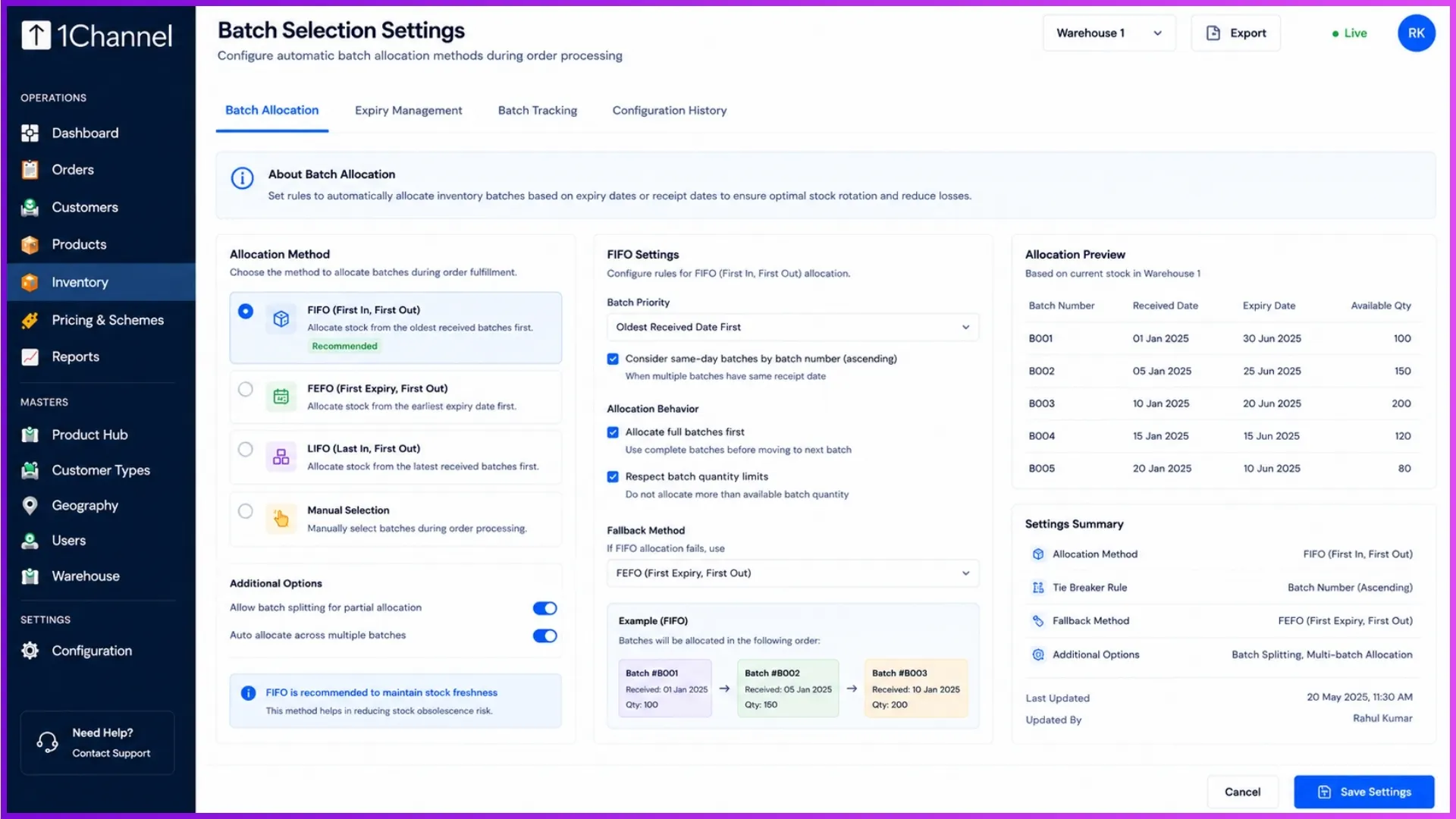 Dashboard configuration screen displaying FIFO and FEFO automatic batch allocation settings during order processing.