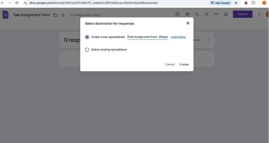 Linking Google Form responses to Google Sheets for automatic task tracking