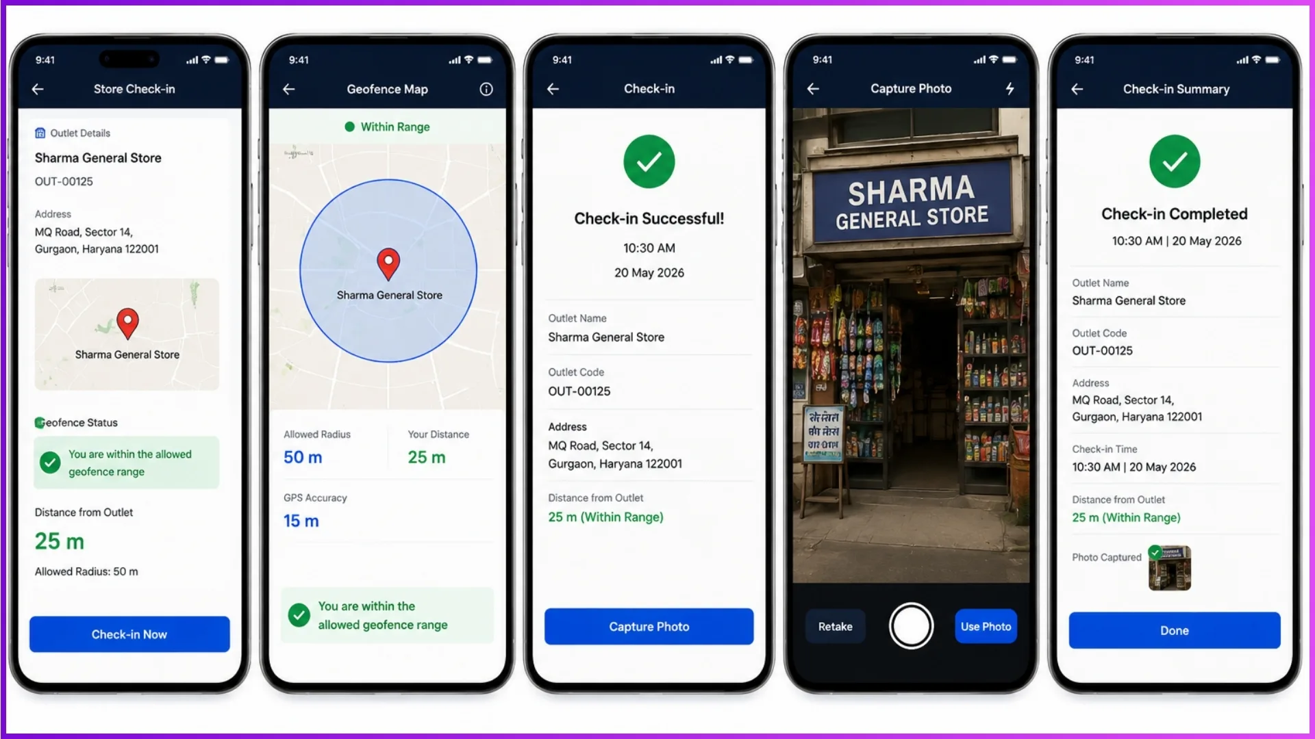 Mobile app view showing geofencing radius around an outlet with GPS proximity validation and photo capture.