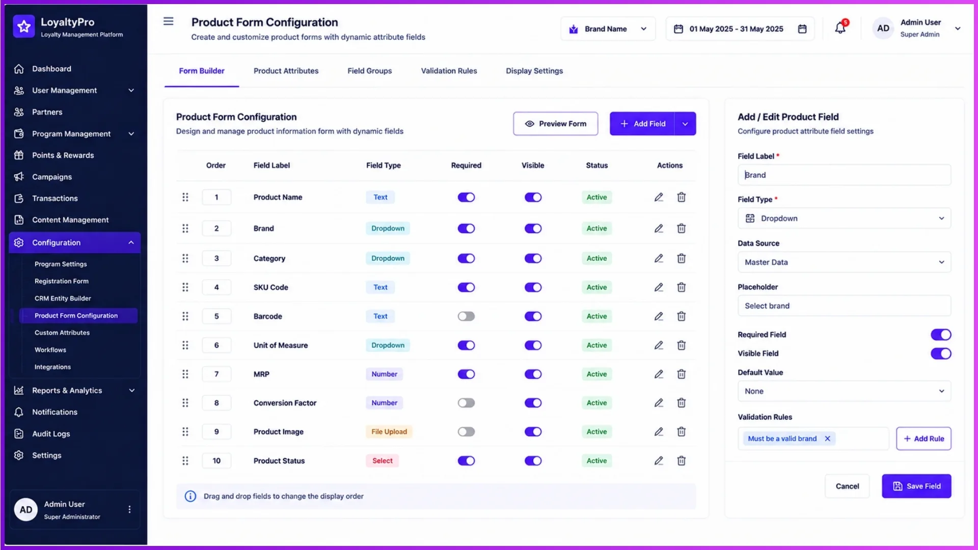 Configurable product form builder with dynamic product attribute fields in the Loyalty Engine