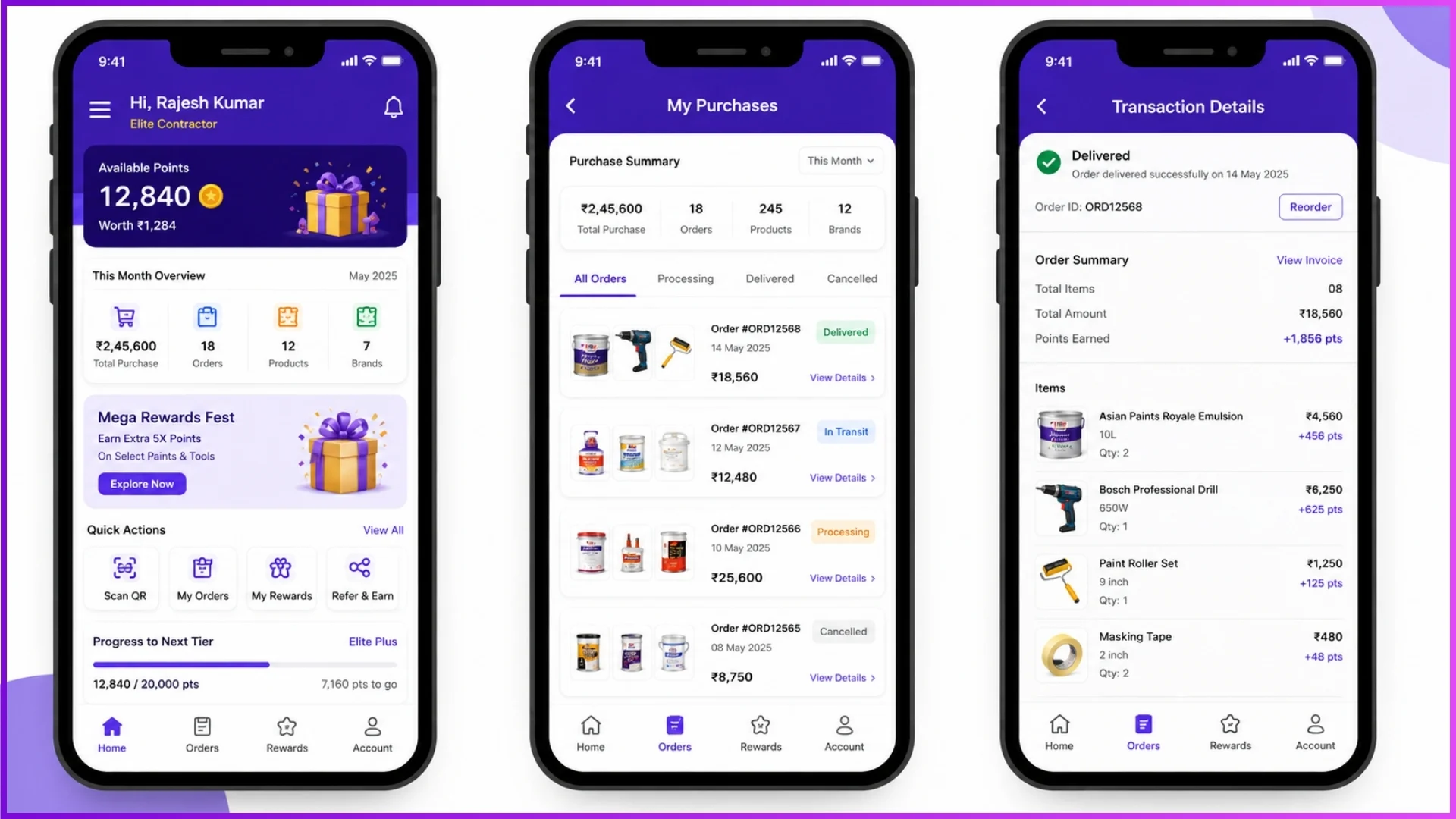 Contractor loyalty app showing purchase tracking and transaction status