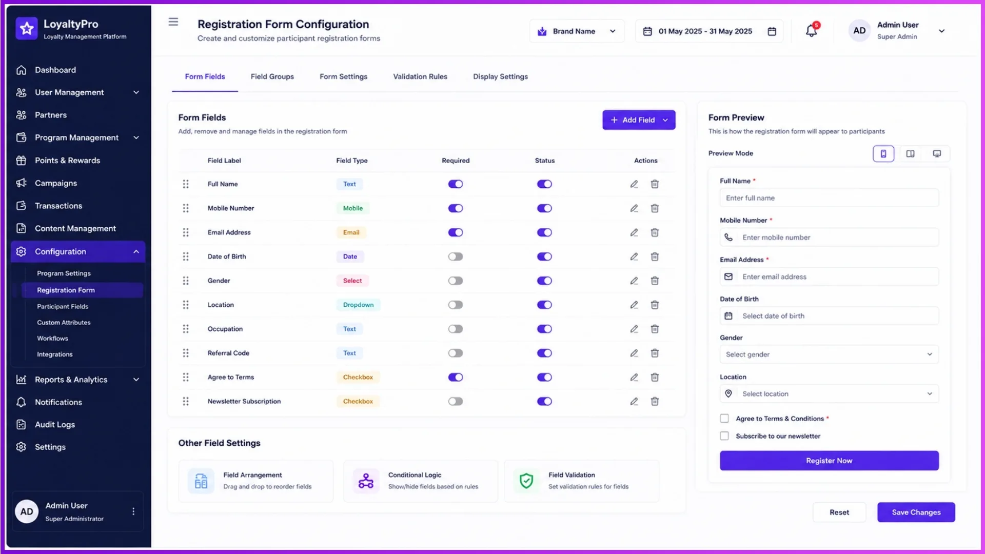 Loyalty Engine registration form configuration interface with configurable participant fields