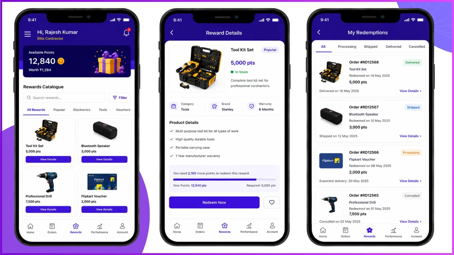 Reward catalogue and redemption tracking inside a B2B contractor loyalty application