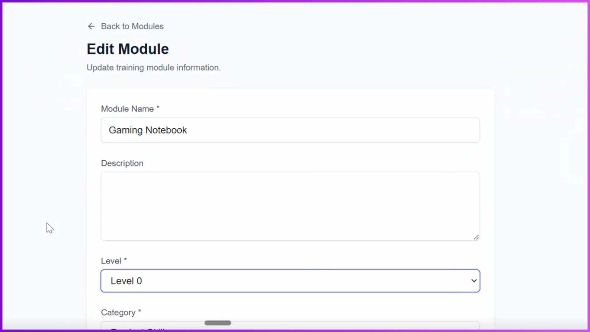 Sales Team LMS Modules edit or create screen