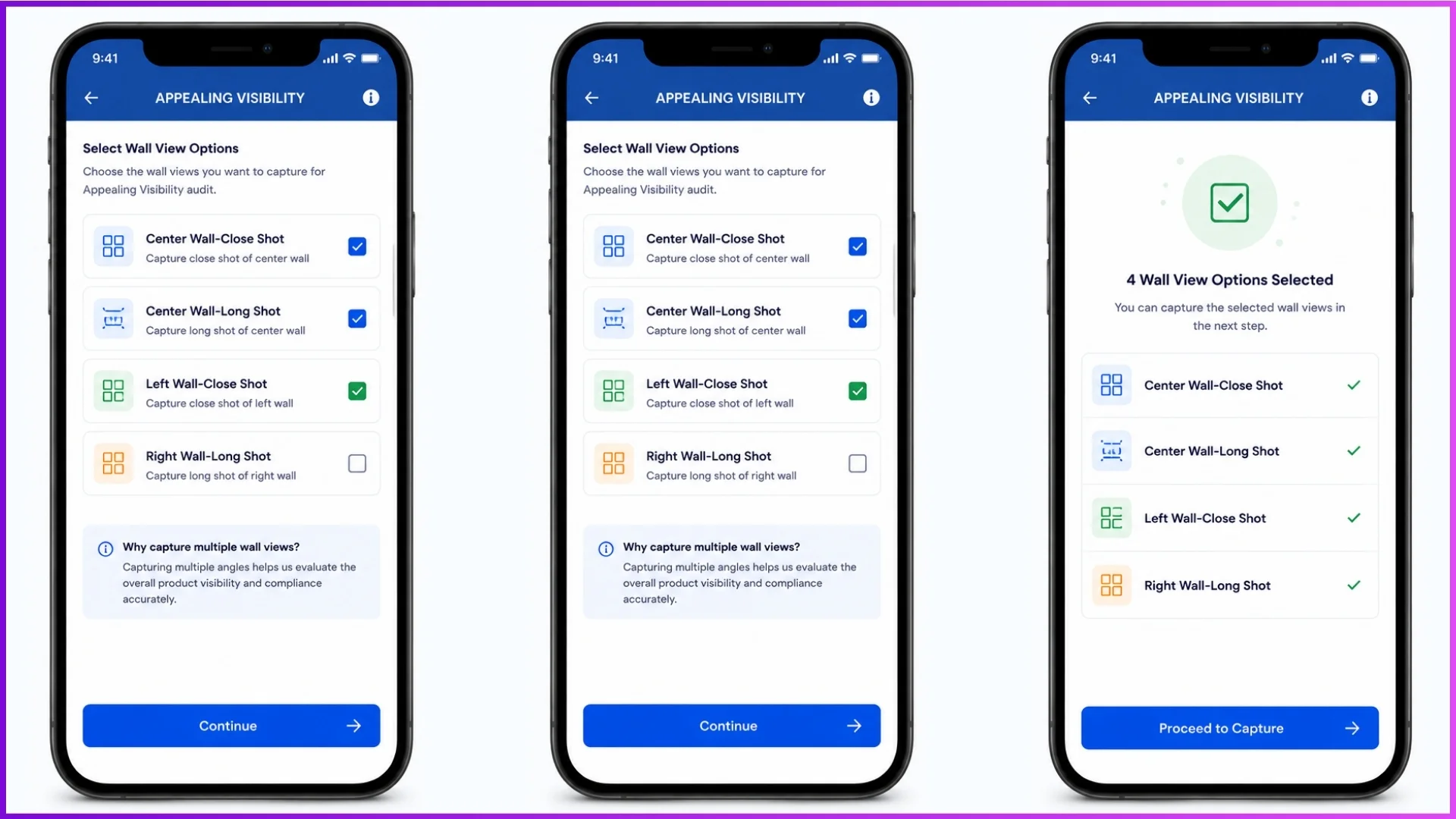 Mobile app user interface displaying options to select Center Wall-Close Shot and Center Wall-Long Shot options inside the Appealing Visibility module.