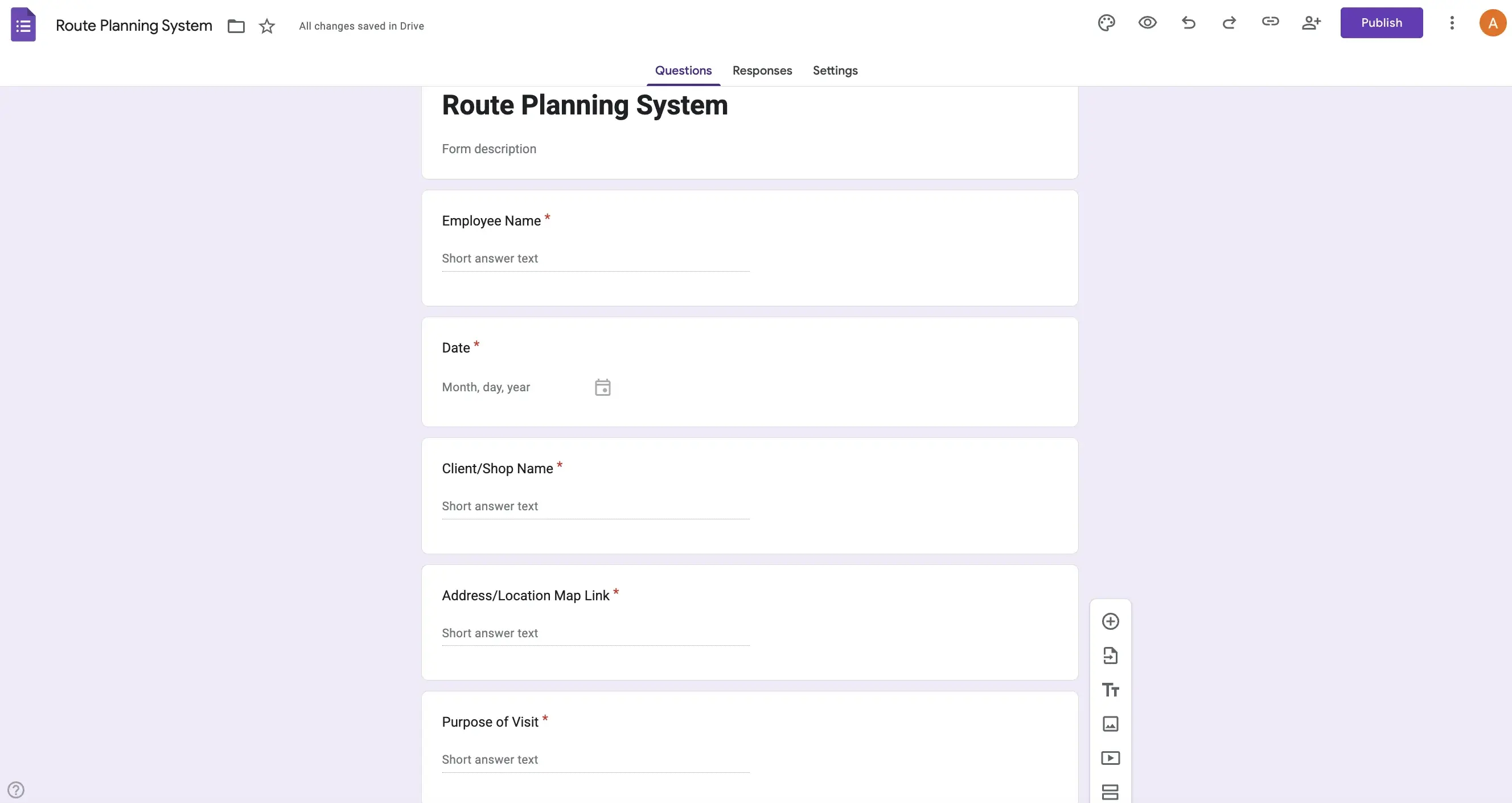 Adding form fields like Employee Name, Date, Client Name, Address, and Purpose of Visit in Google Form