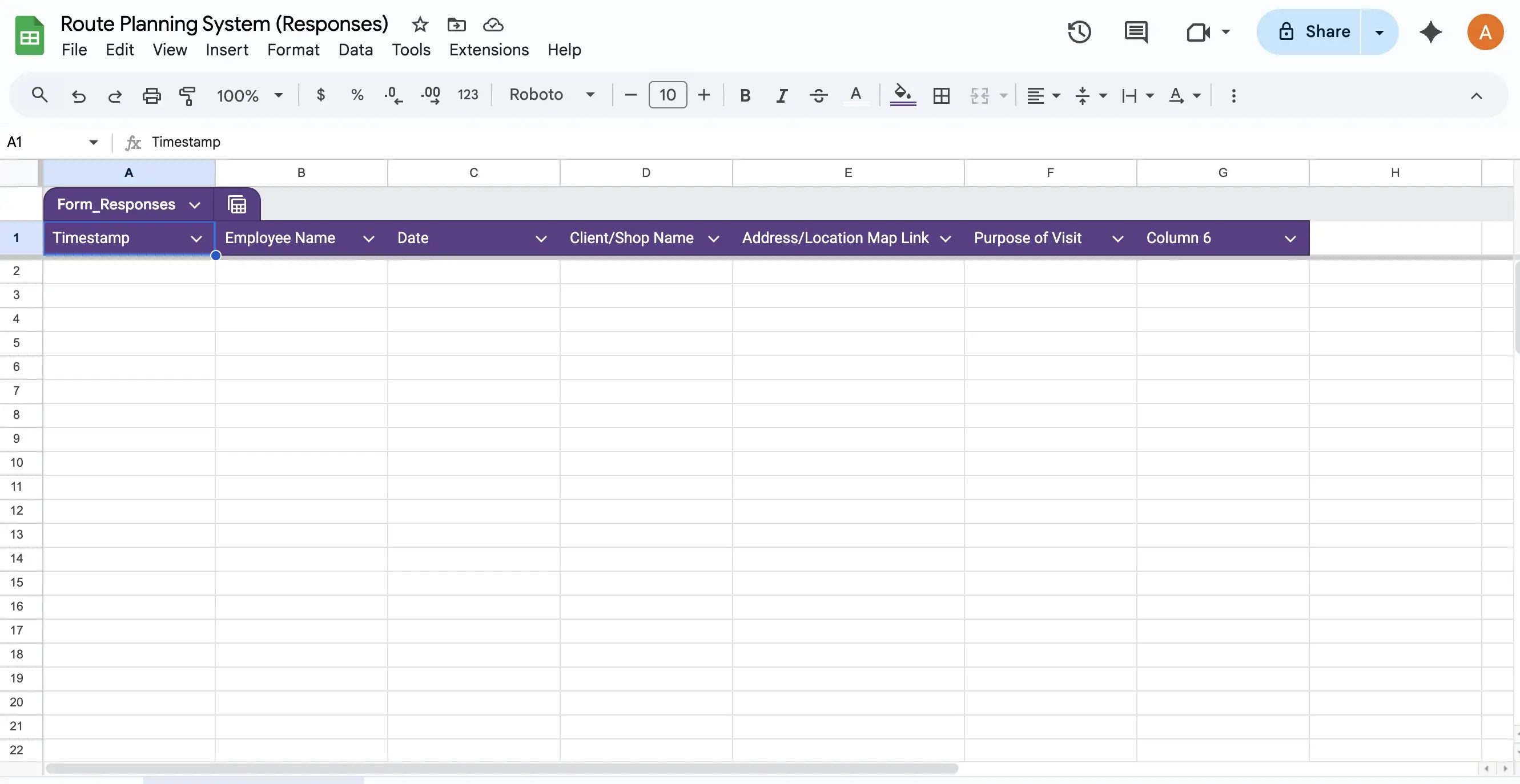 Google Sheet automatically populated with employee route form responses for route planning