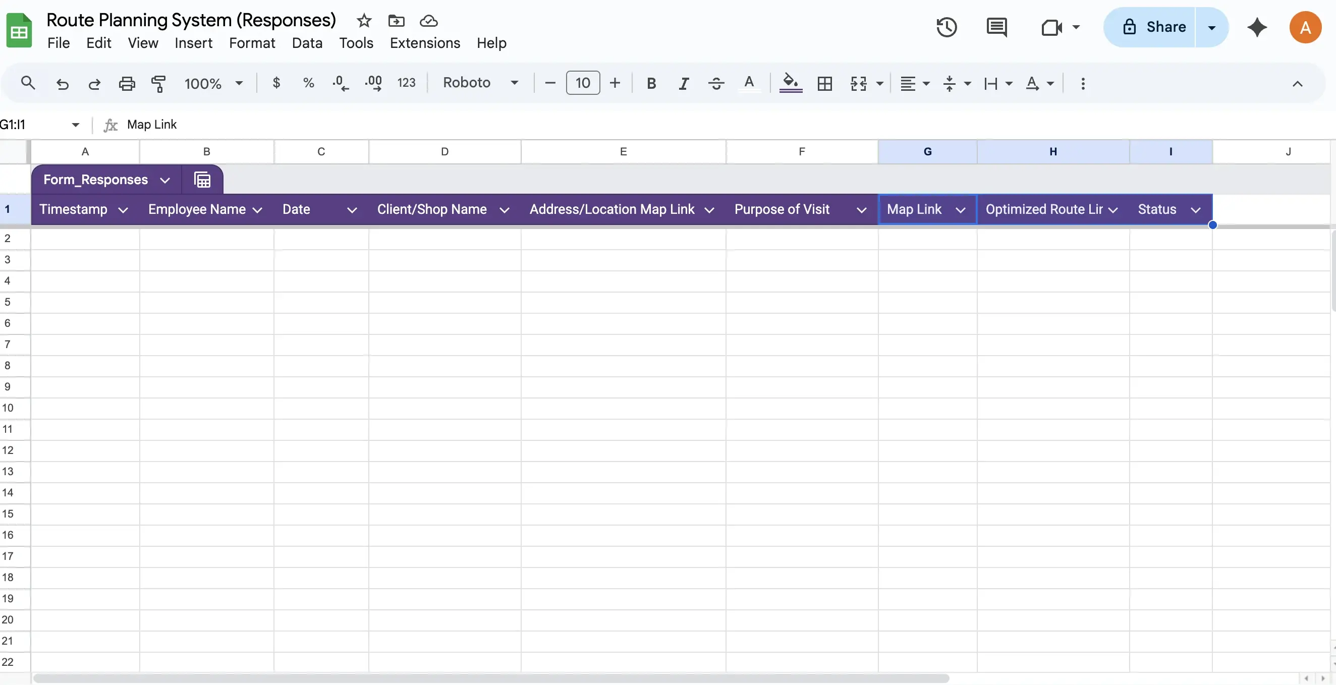 Adding new columns Map Link, Optimized Route Link, and Status in Google Sheets for route tracking