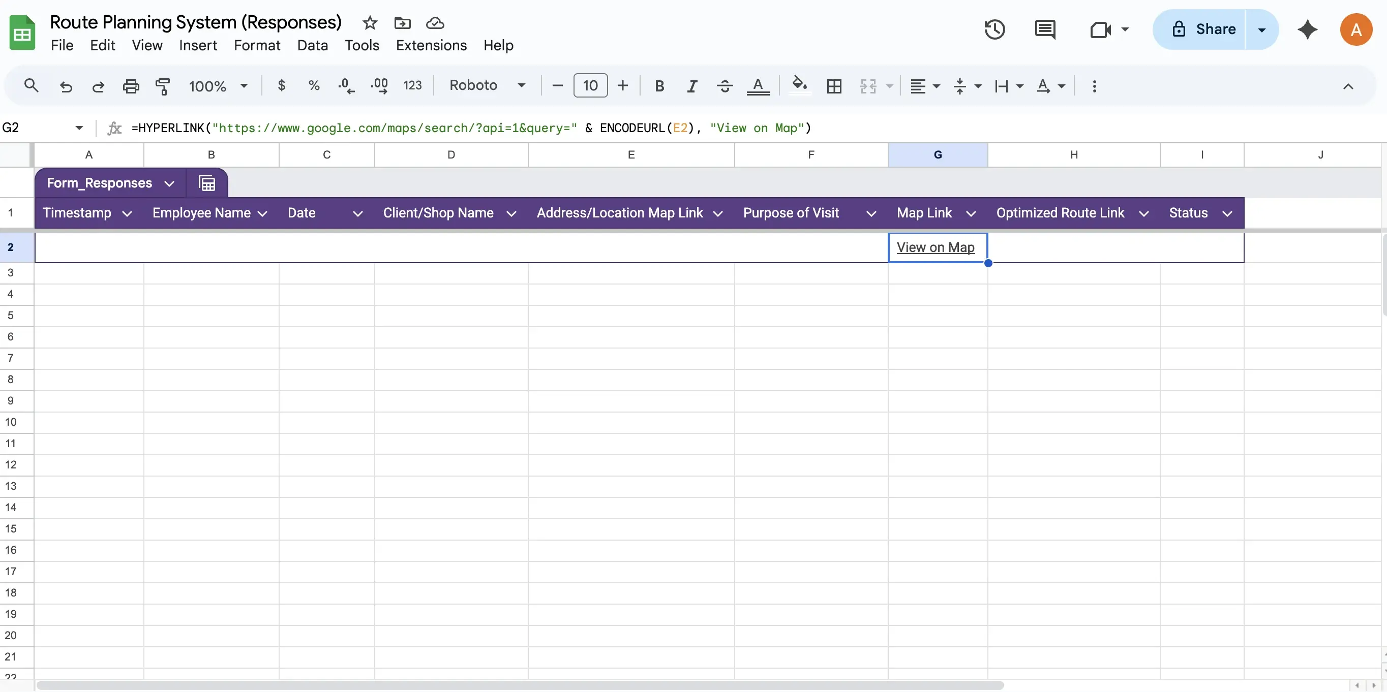 Entering HYPERLINK formula in Map Link column to create clickable Google Maps links in Google Sheets