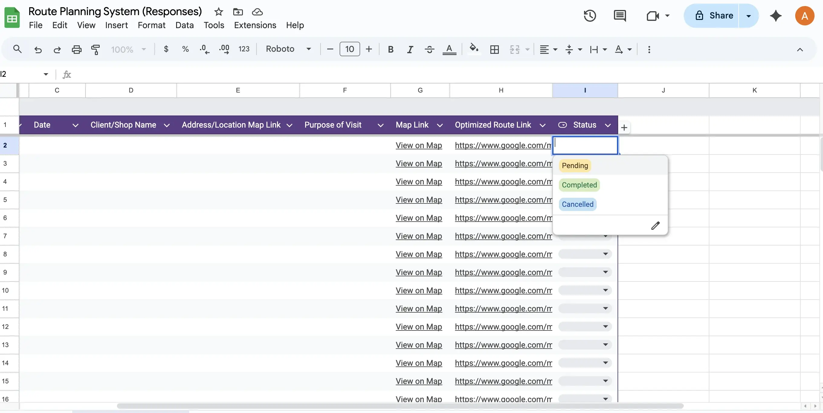 Creating dropdown list in Google Sheets for route planning status tracking using data validation