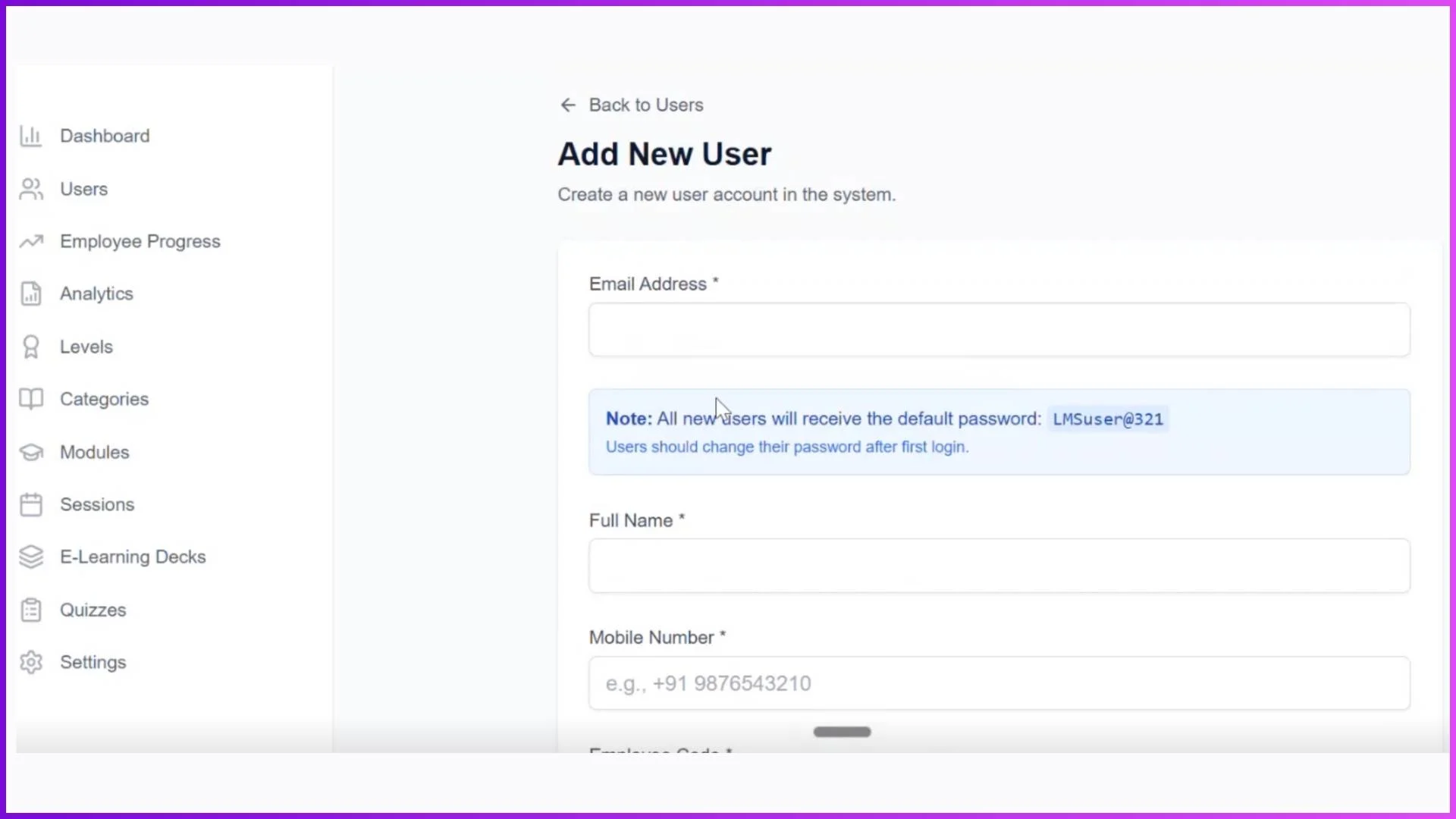 Users Management Edit or Create New User in LMS for Sales Teams