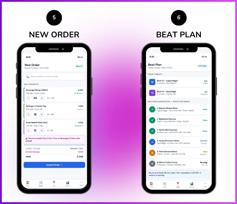 Order booking app showing retailer ordering, beat management, and customer navigation