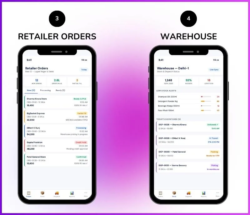 Distributor order management mobile app showing retailer orders, warehouse inventory, and dispatch status