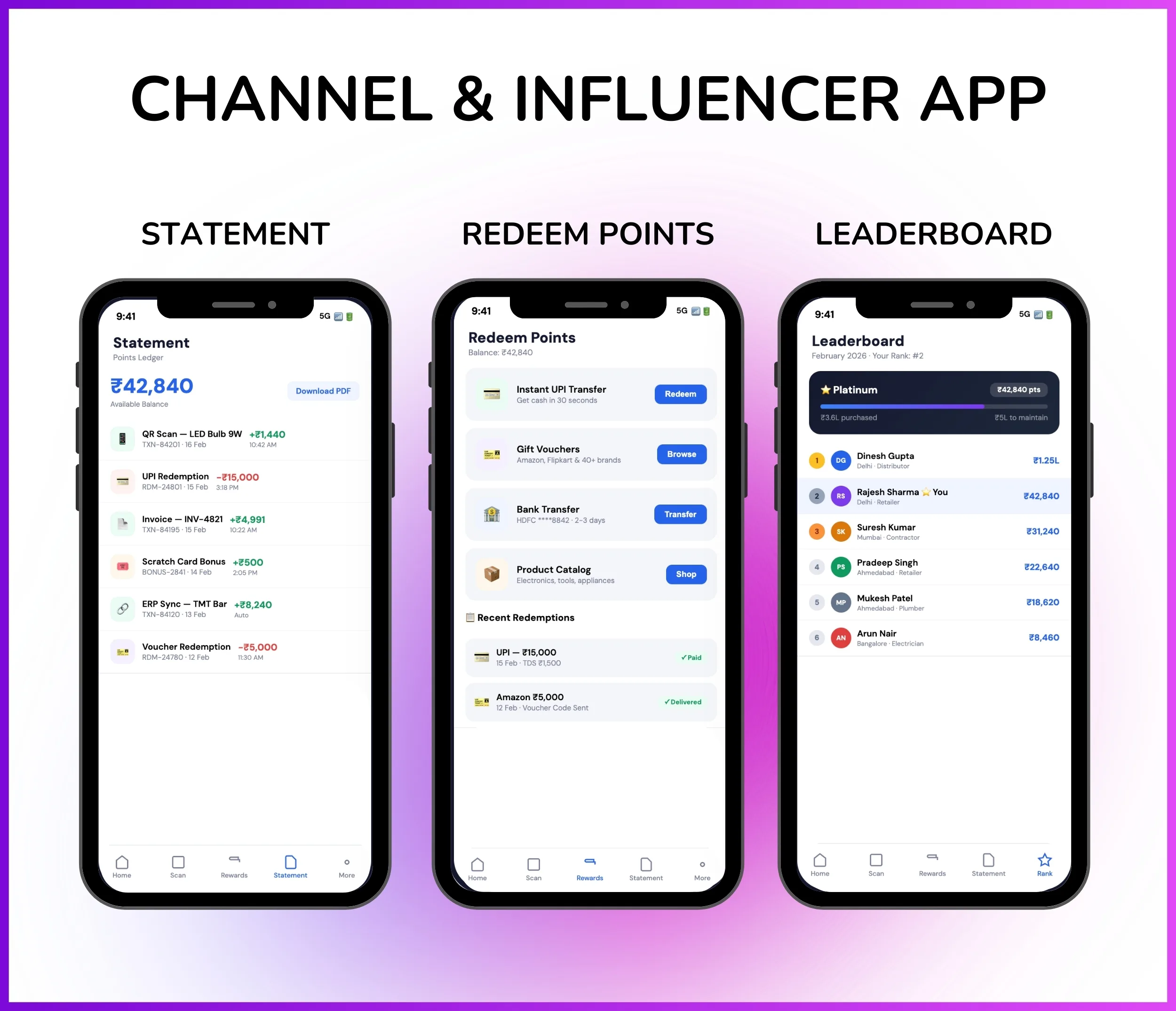 Channel influencer app showing statements, points redemption, and leaderboard