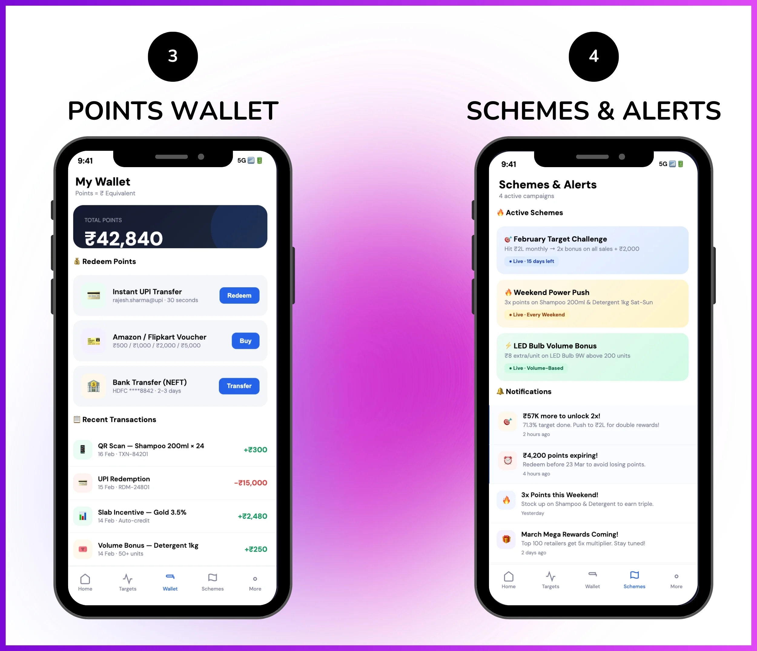 Mobile app showing points wallet, schemes, and alerts