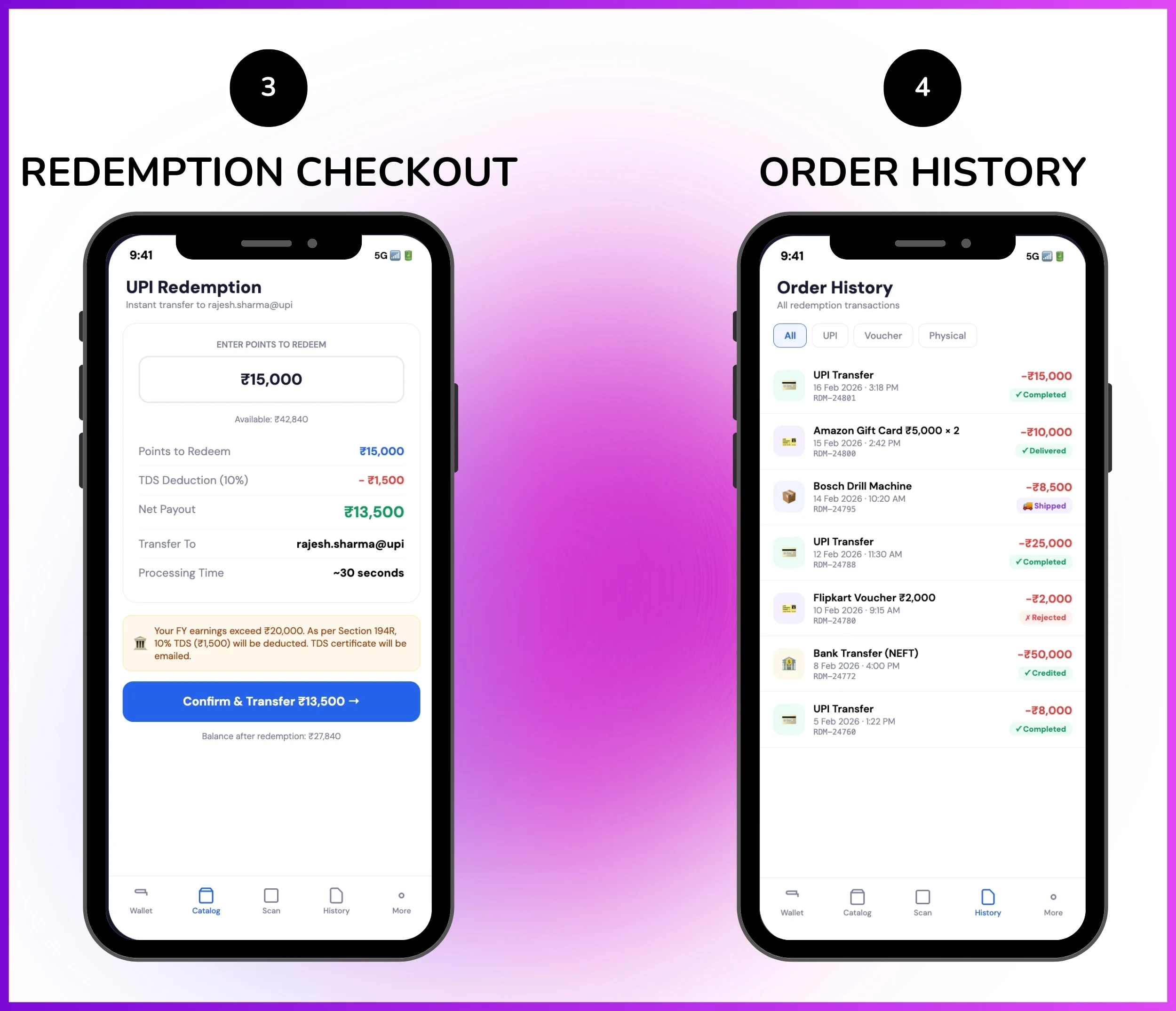 Mobile app showing redemption checkout and order history
