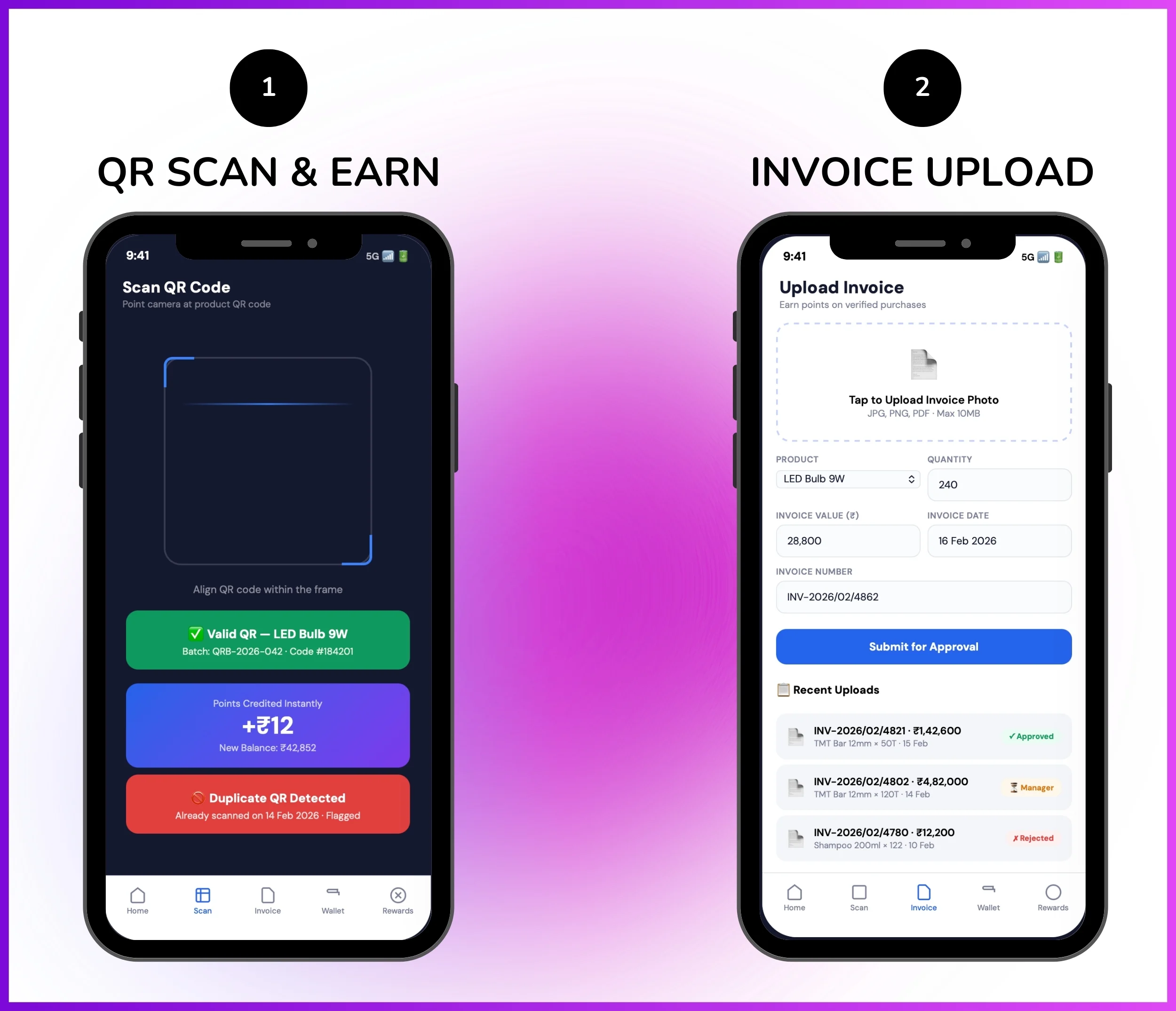 Mobile app for QR code scanning, earning points, and invoice upload validation