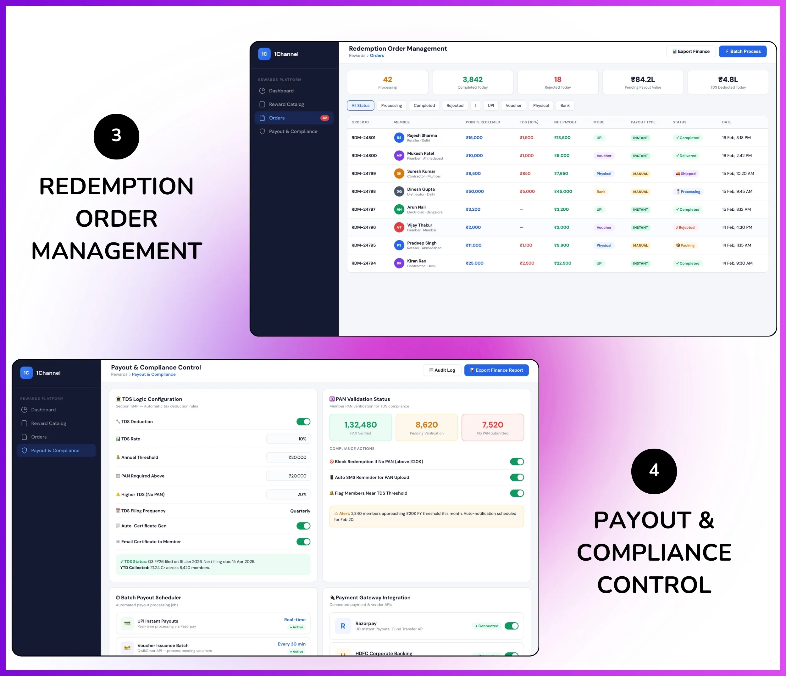 Web portal with redemption order management, payout and compliance controls
