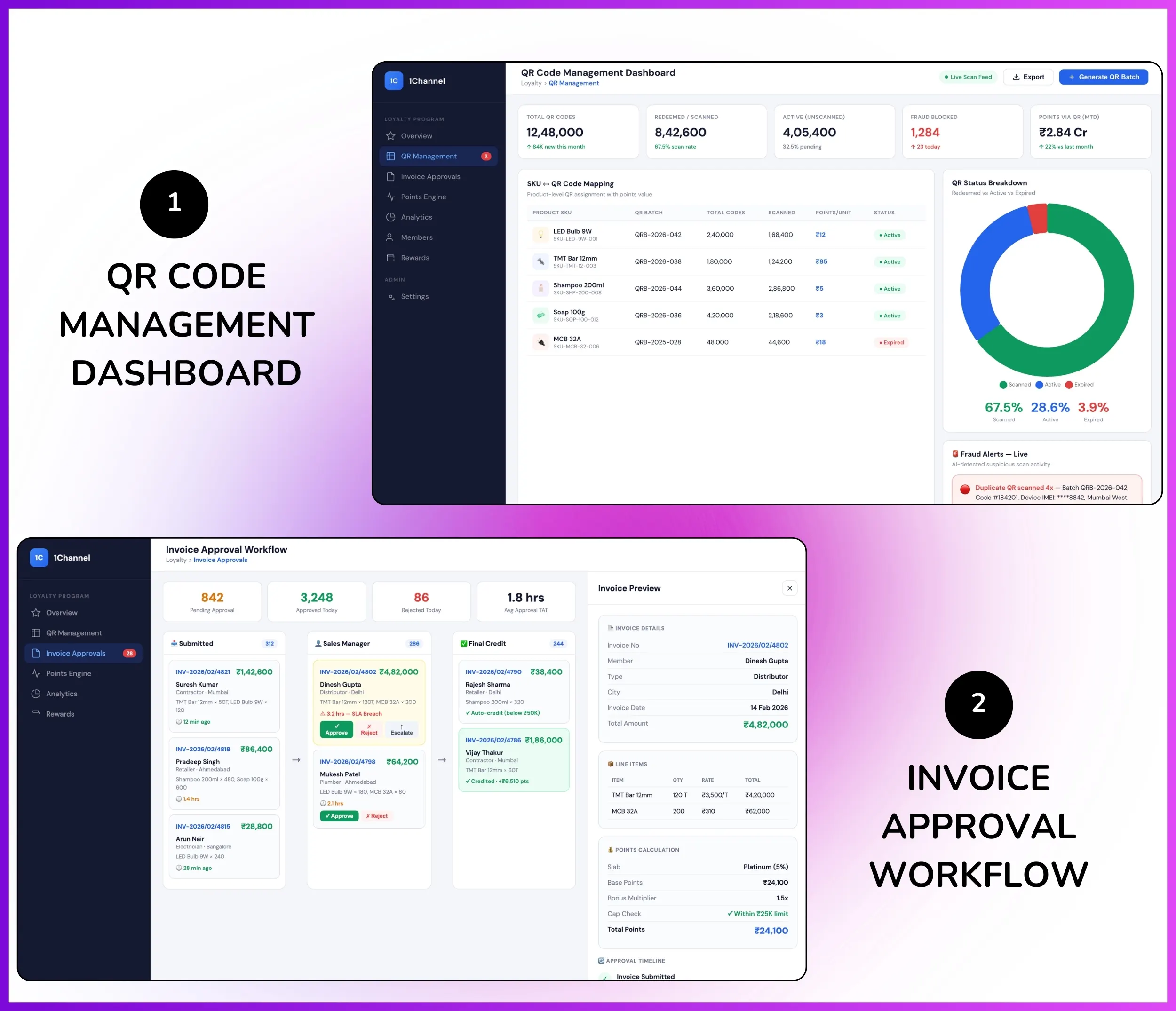 Web portal with QR code management dashboard, invoice approval workflow, and validation controls