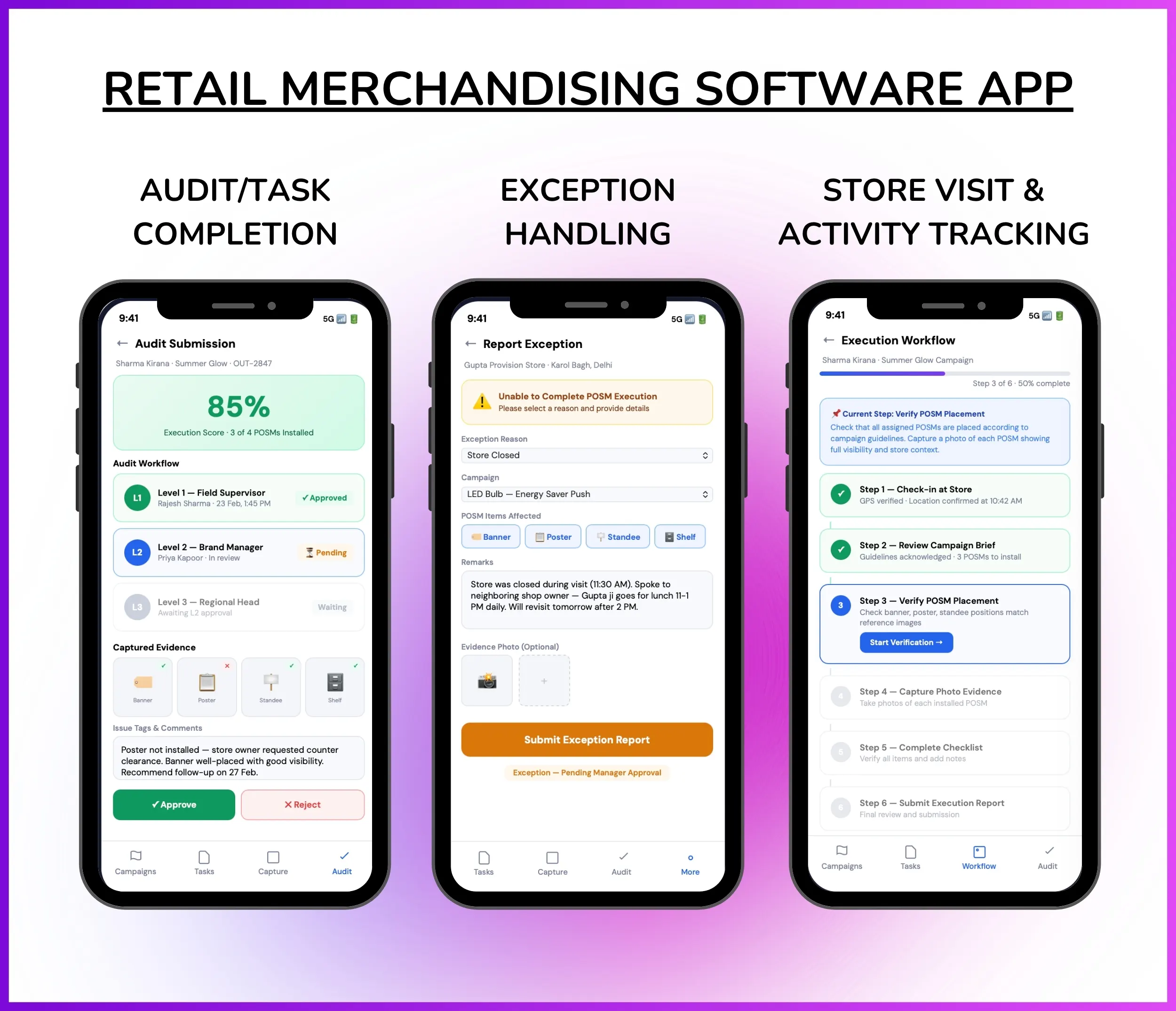 Mobile app showing audit task completion, exception handling, and store visit tracking