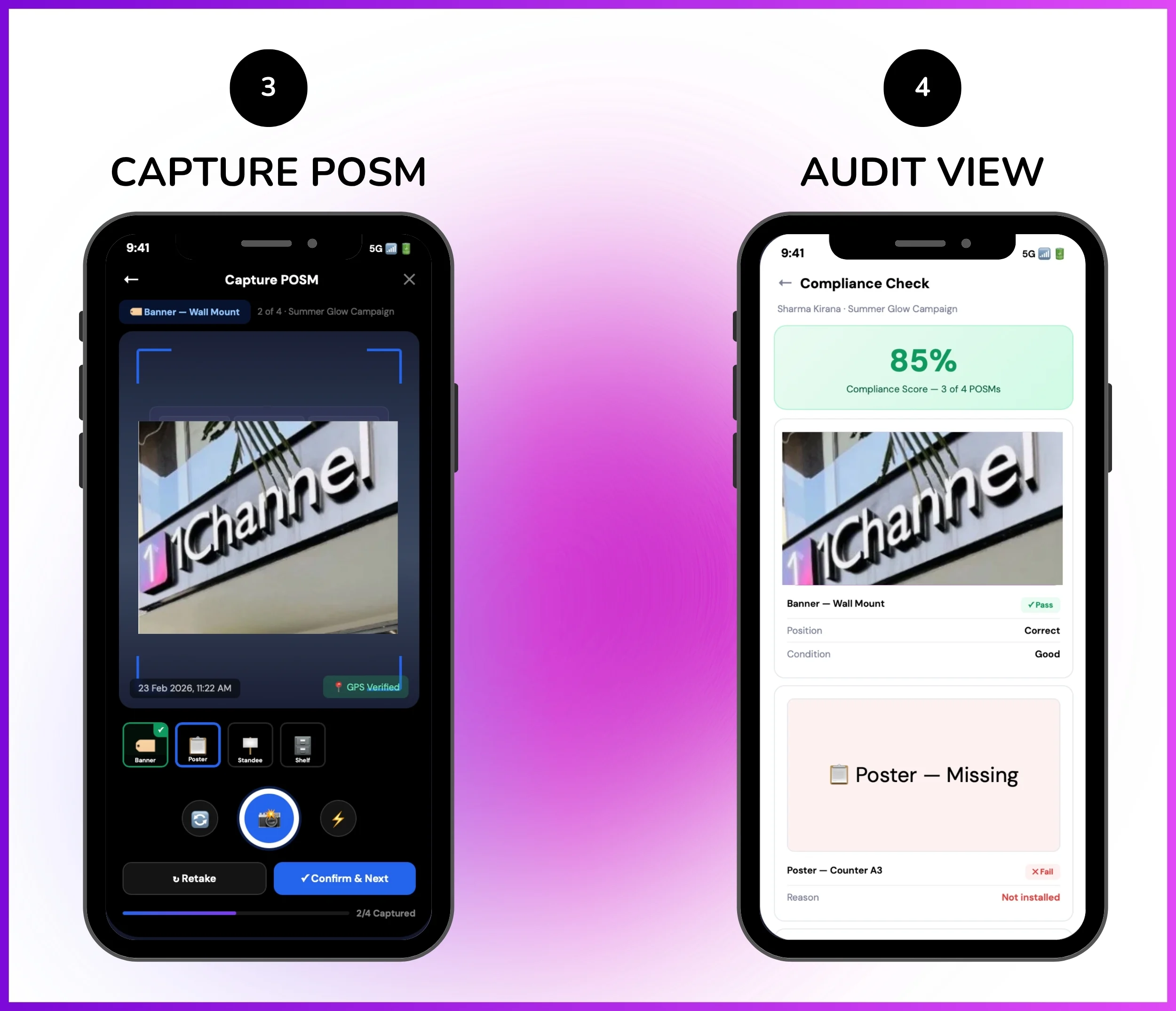 Merchandising campaign mobile app showing POSM capture and audit view screen