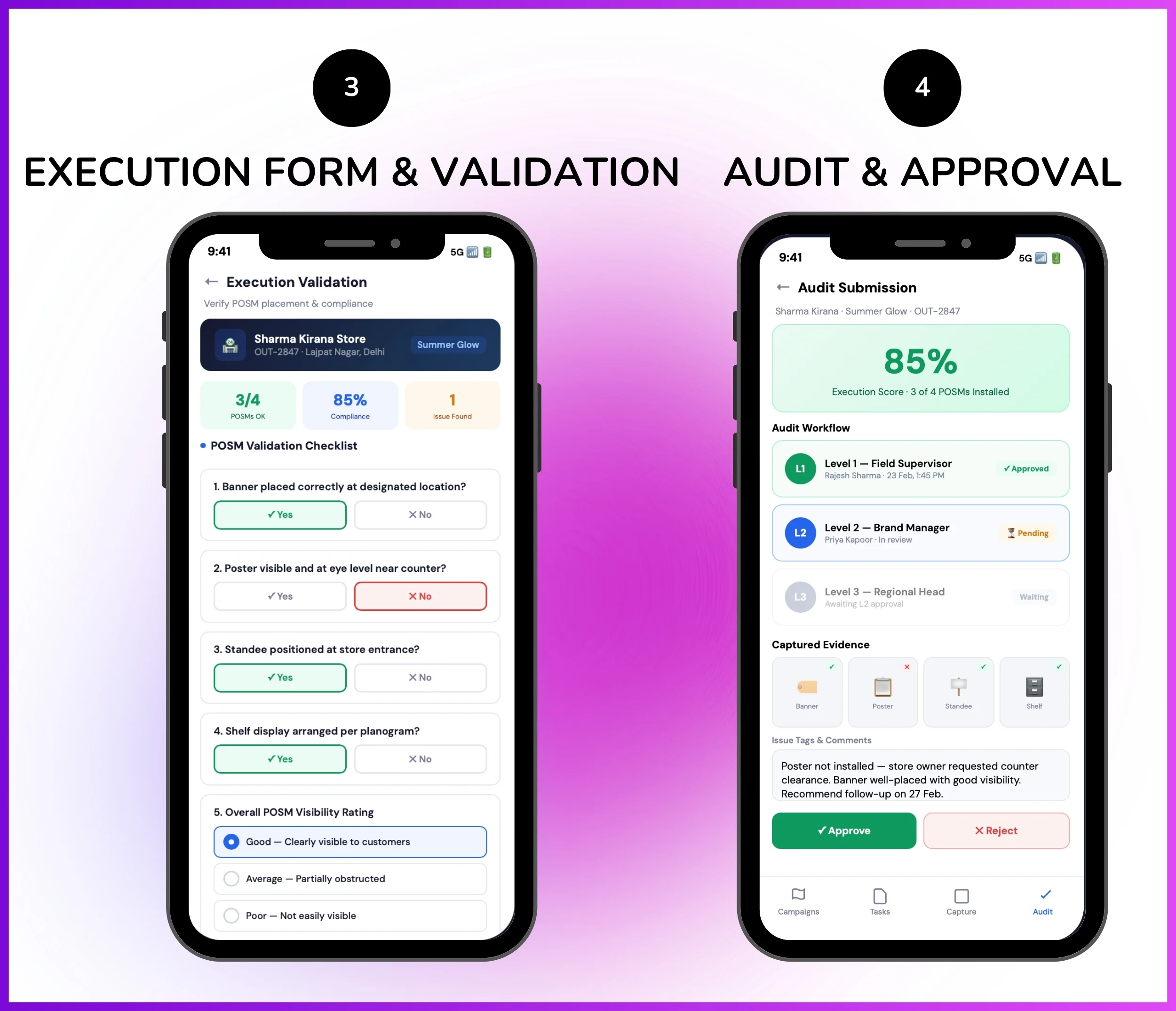 POSM tracking mobile app showing execution form validation and audit approval screen