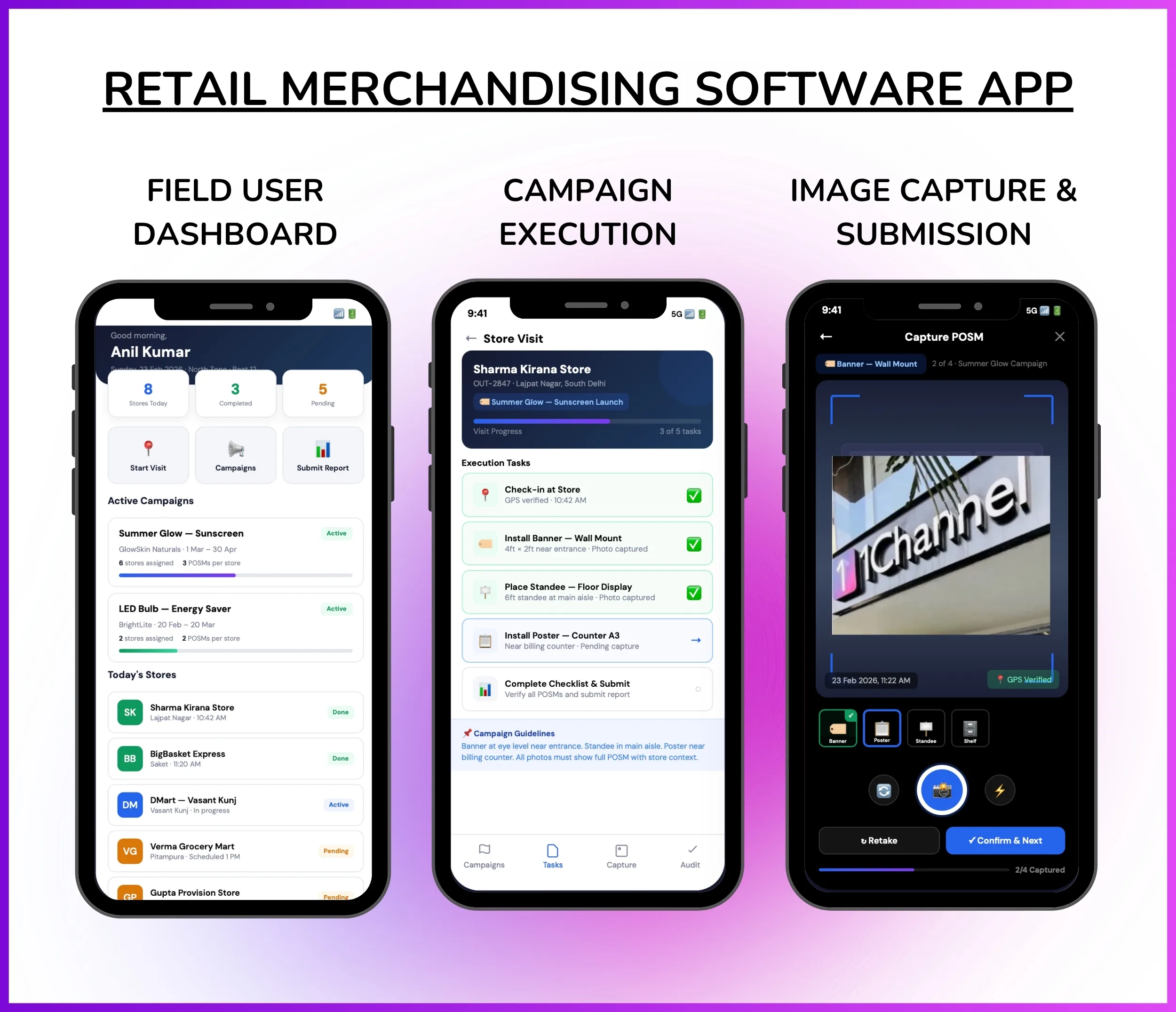 Field user mobile app showing campaign execution, image submission, and merchandising task tracking