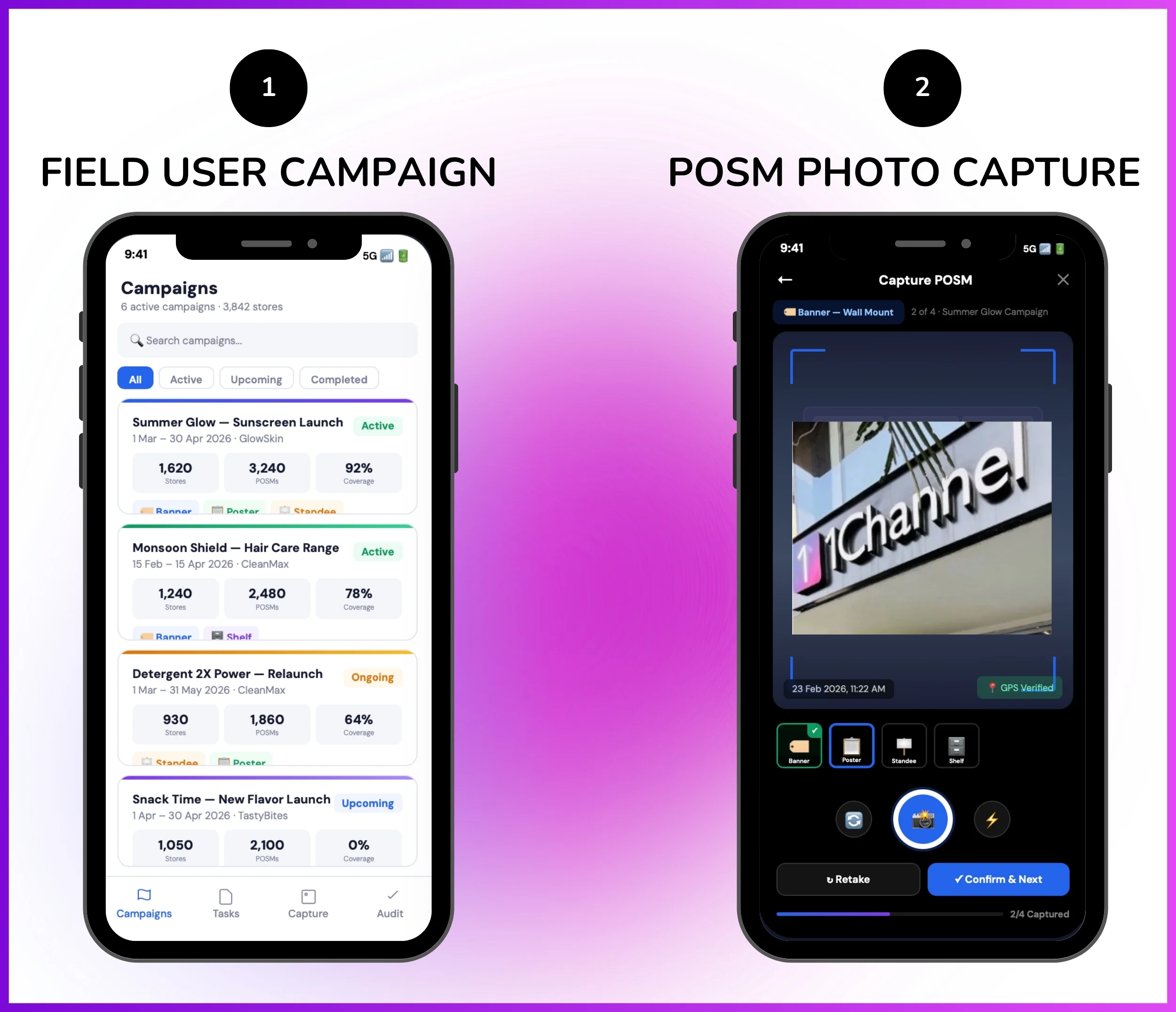 POSM tracking mobile app showing field user capturing campaign and POSM photo proof screen