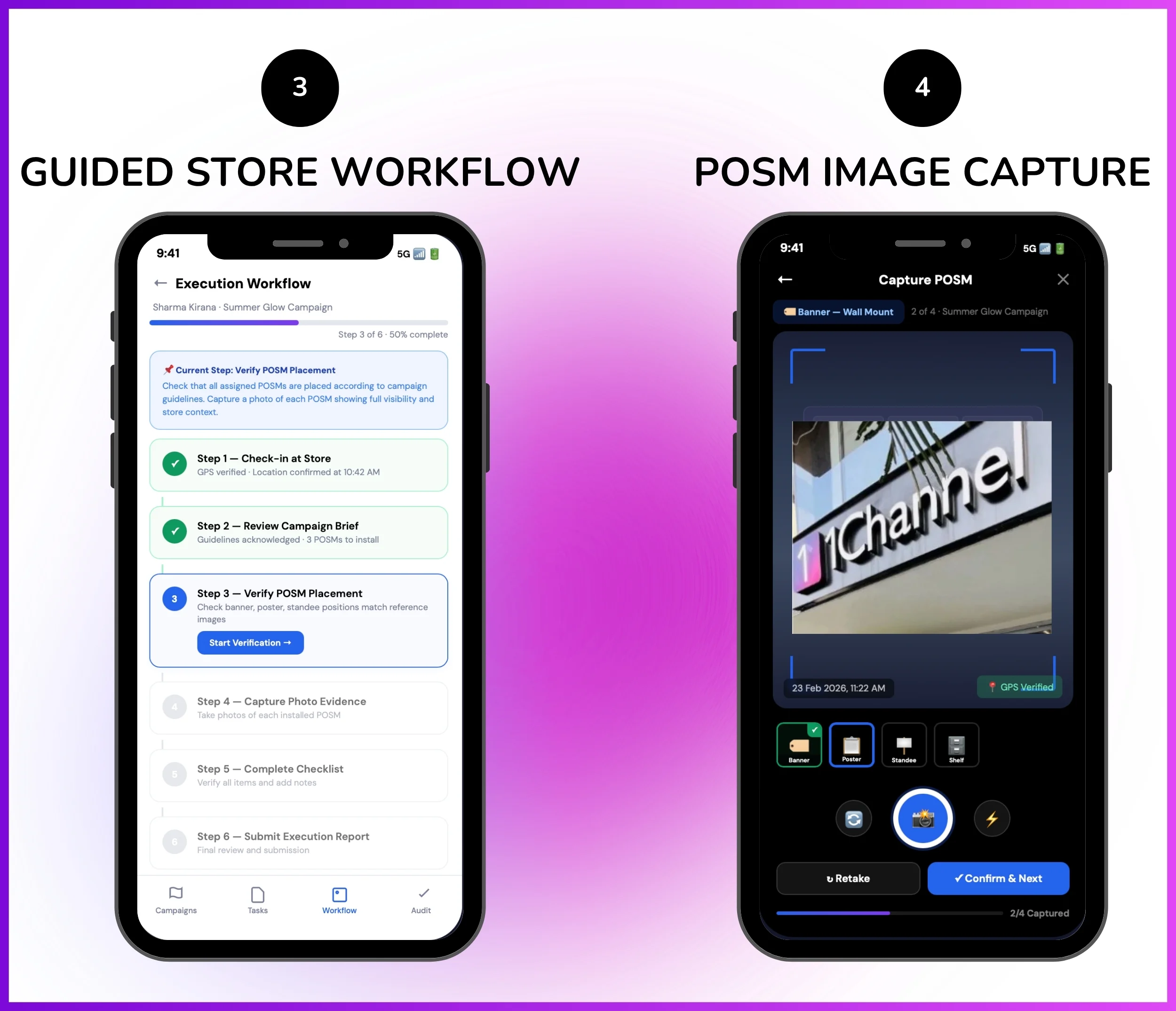 Retail merchandising mobile app with guided store workflow and POSM image capture screen