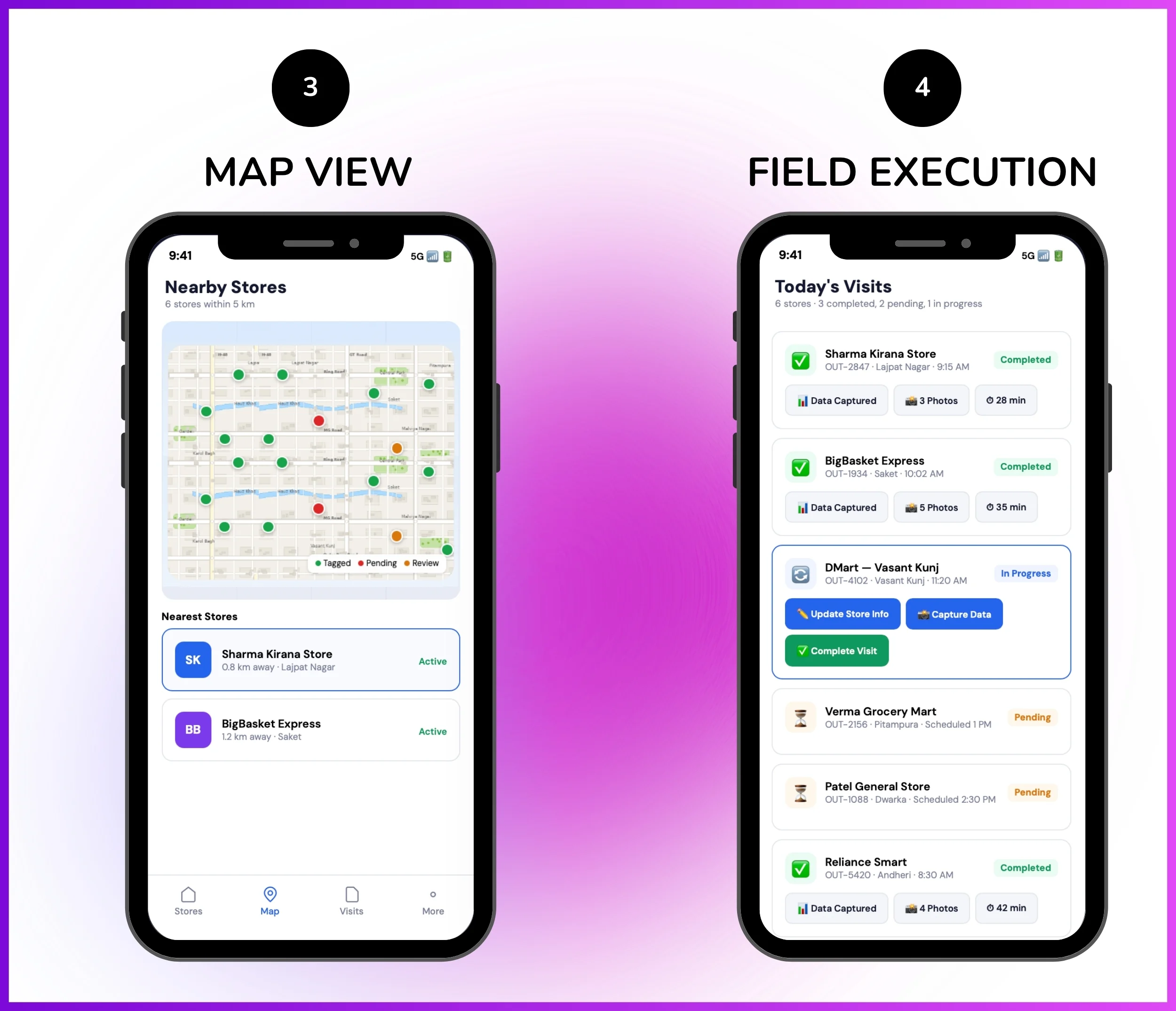 Outlet management mobile app showing map view and field execution tracking screen