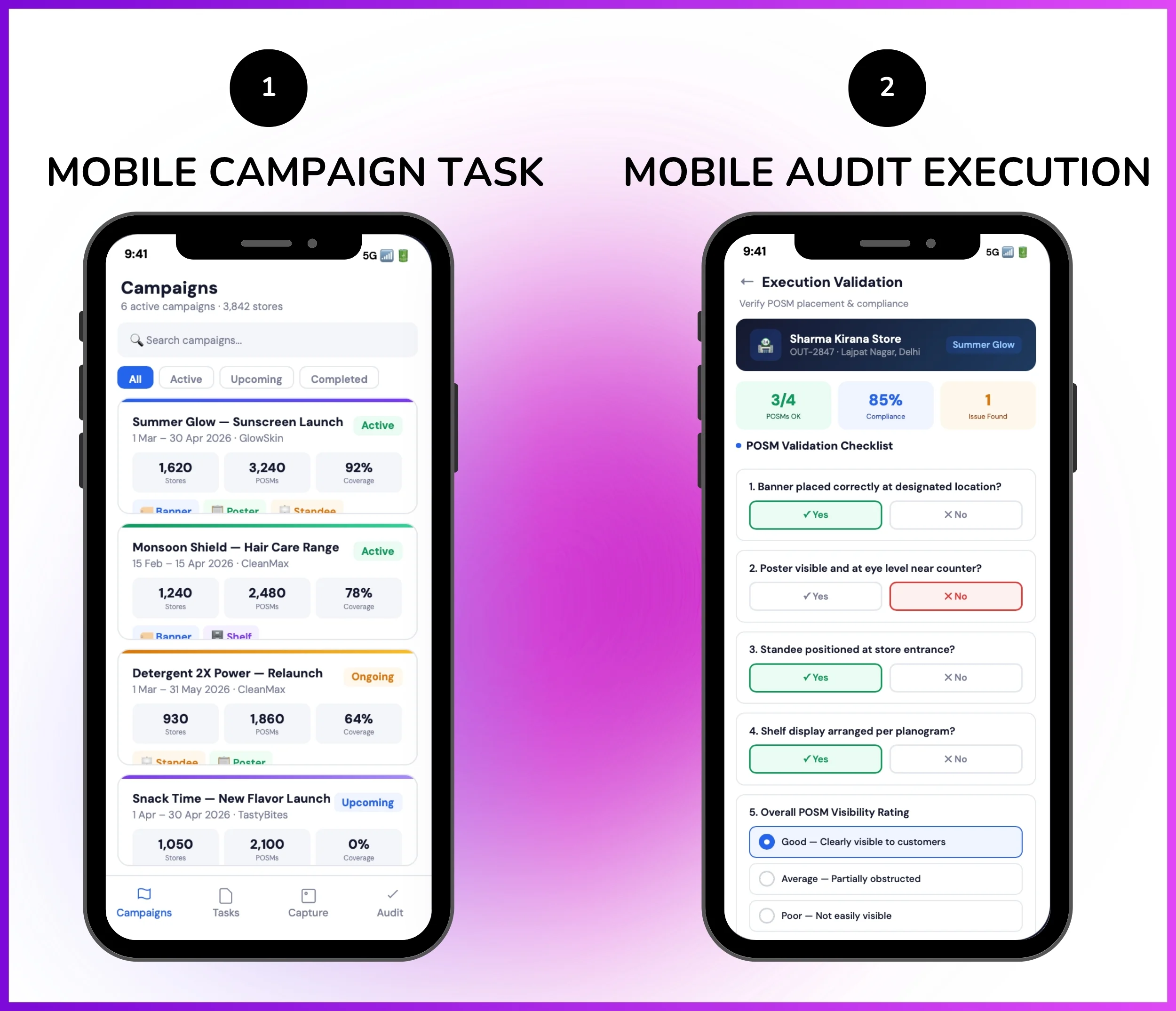 Store audit mobile app showing campaign task list and mobile audit execution screen