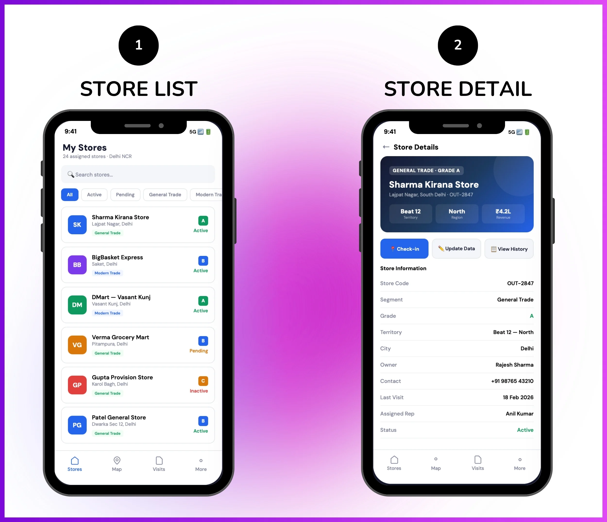Outlet management mobile app showing store list and detailed store information screen
