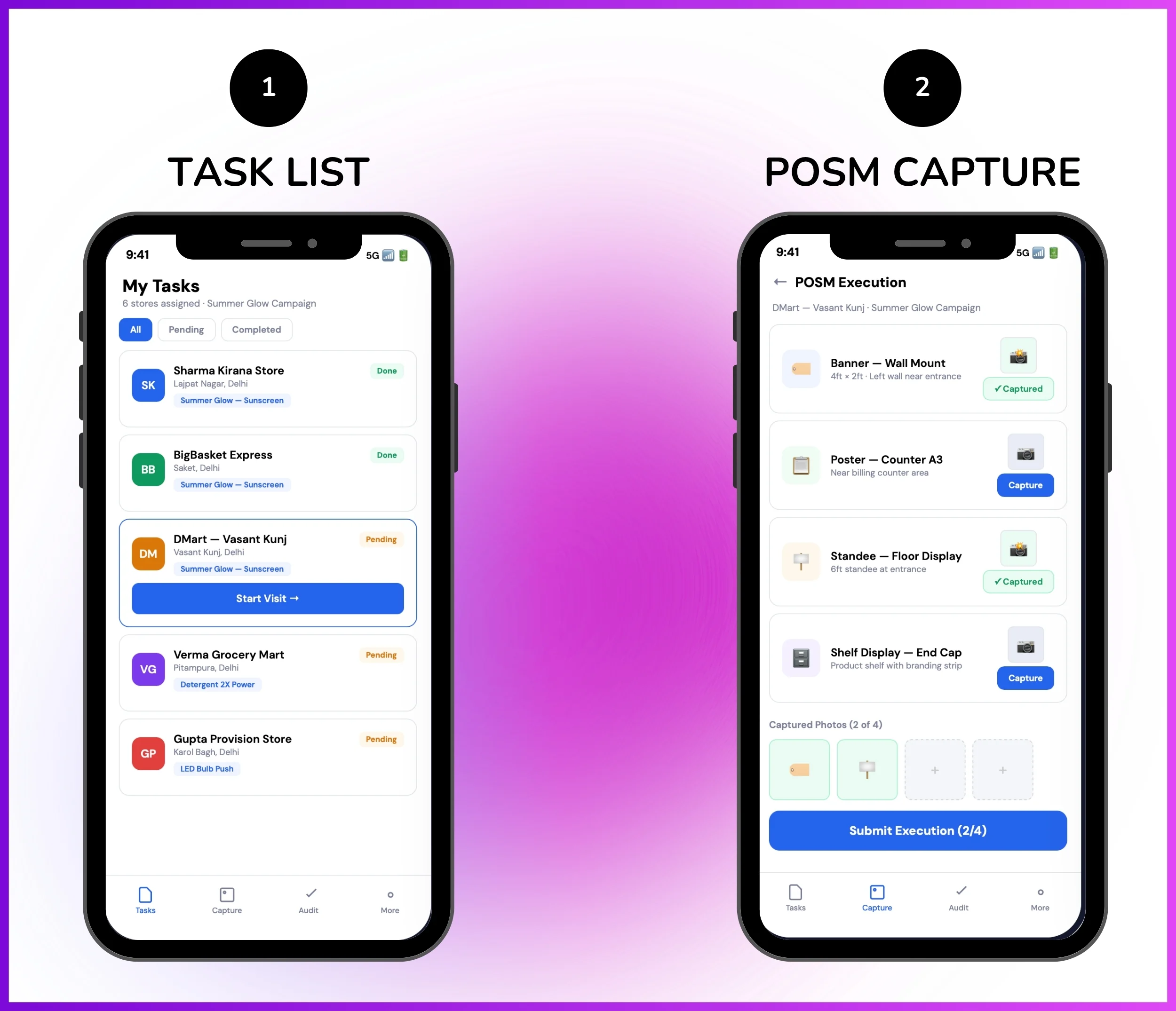 Merchandising campaign mobile app showing task list and POSM capture screen